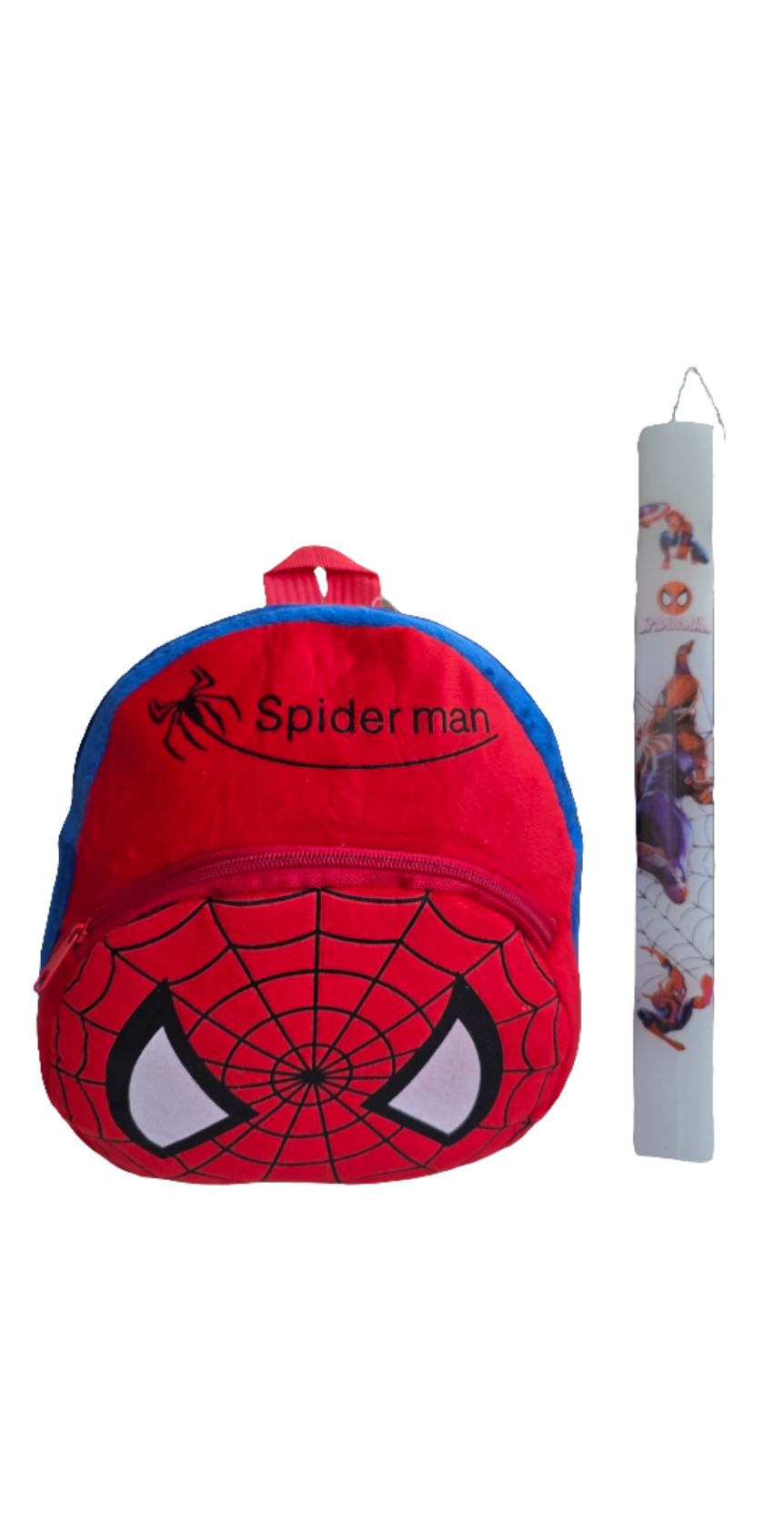 Χειροποίητη λαμπάδα Spiderman μαζί με λούτρινο τσαντάκι πλάτης SSL91