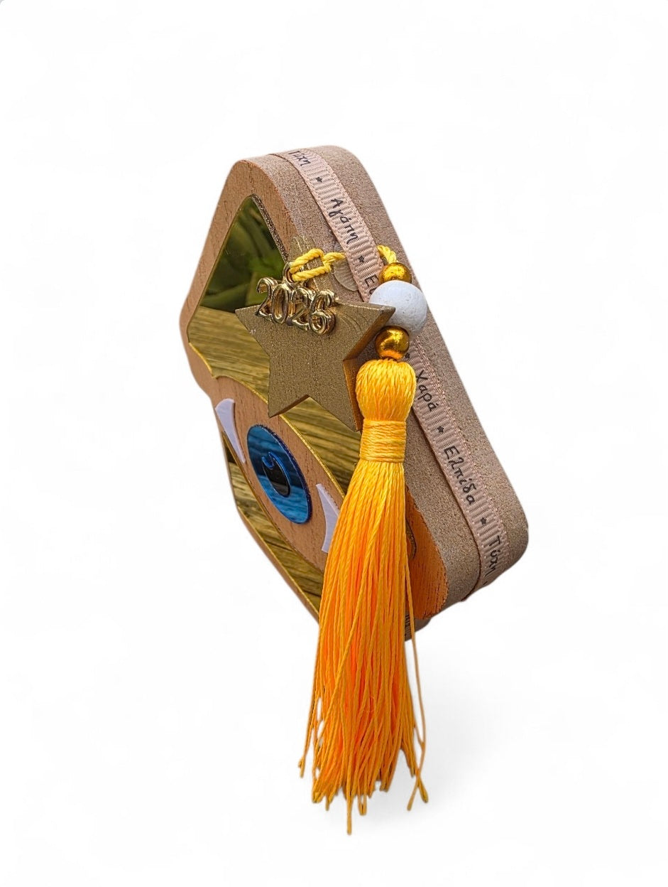 Χειροποίητο γούρι ξύλινο σπιτάκι με καθρέφτη SSG33h