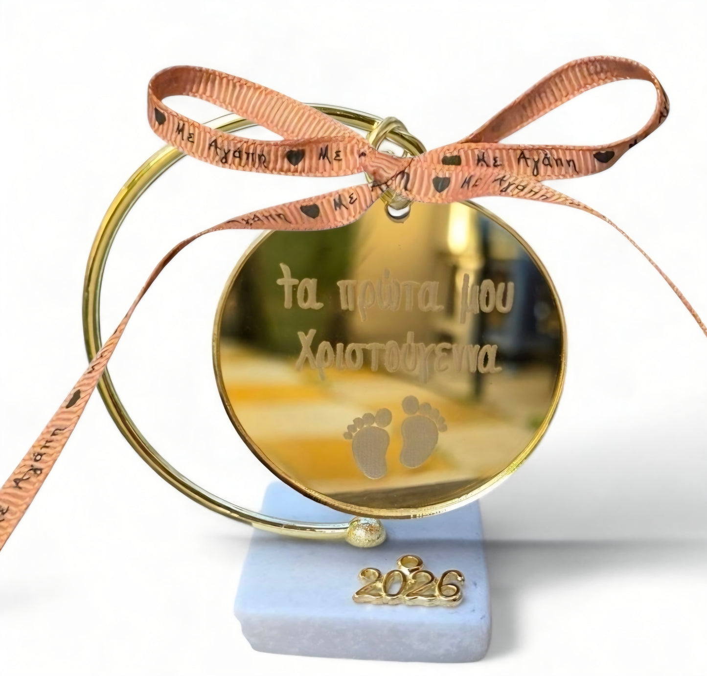 Χειροποίητο γούρι τα πρώτα μου Χριστούγεννα με ροζ κορδέλα SSG94