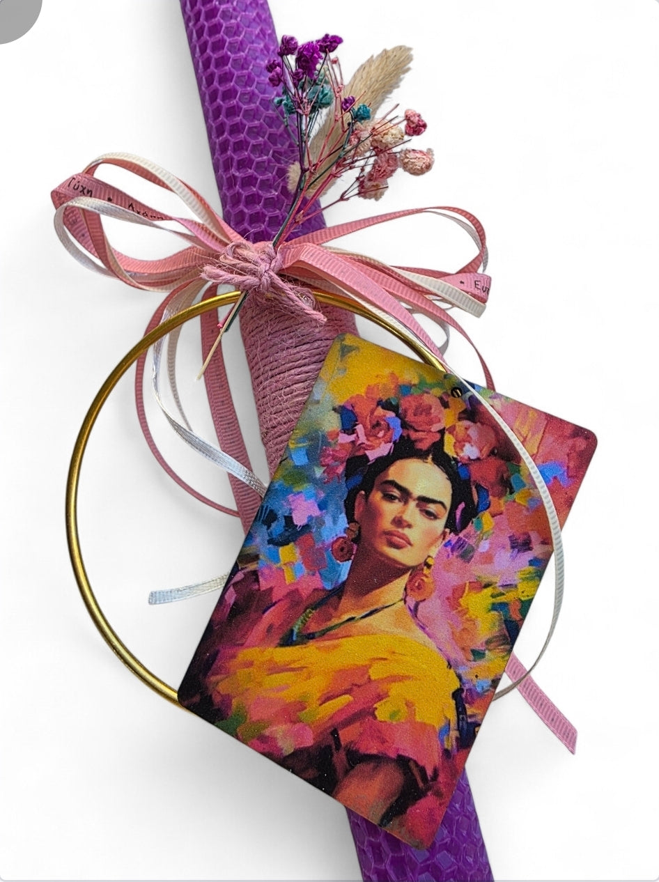 Χειροποίητη λαμπάδα από μελισσοκέρι Frida Kahlo και αποξηραμένα λουλούδια SSL146