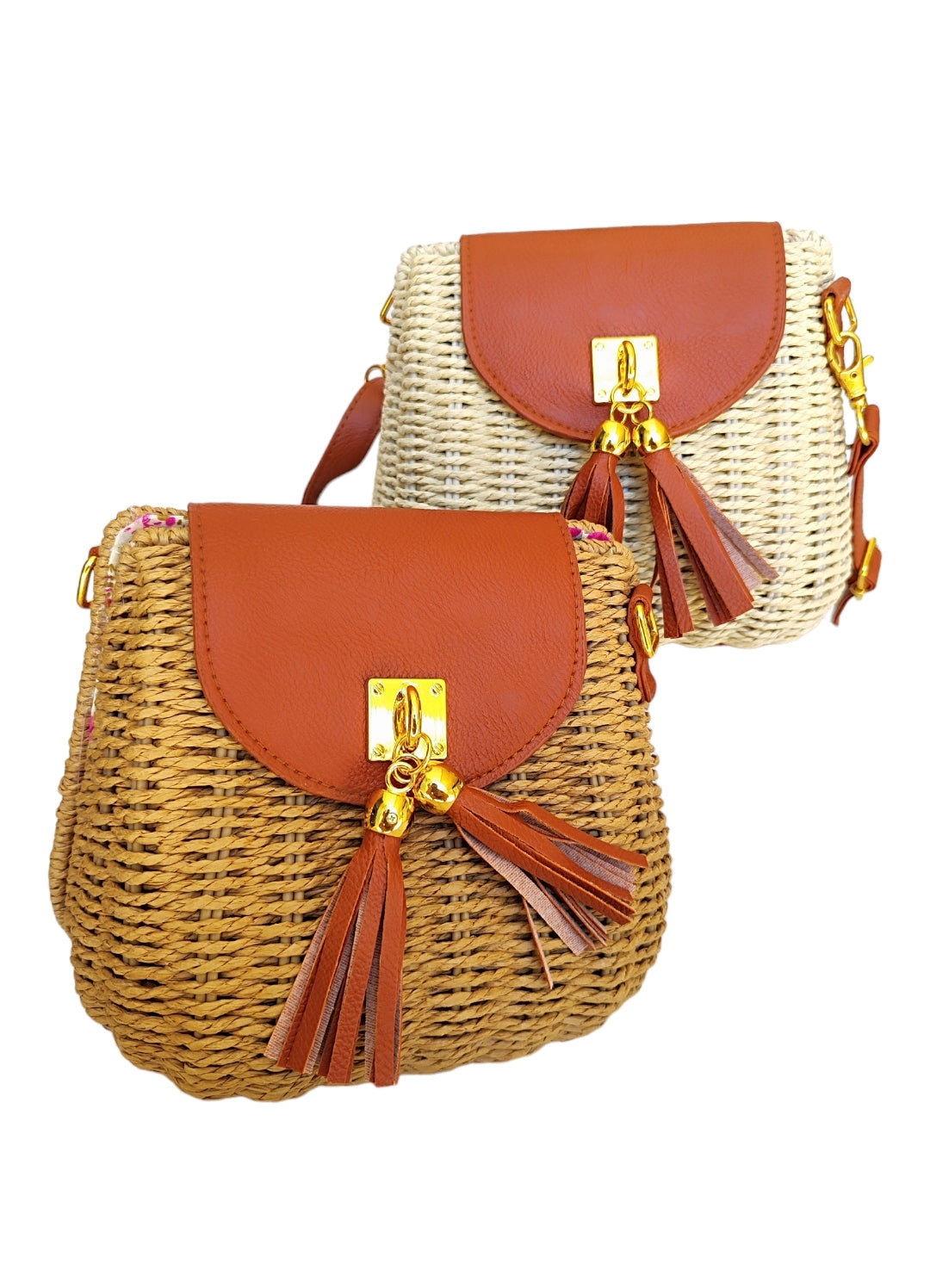 Γυναικεία οβάλ τσάντα ψάθινη με μακρύ λουράκι σε μπεζ χρώμα SSB12