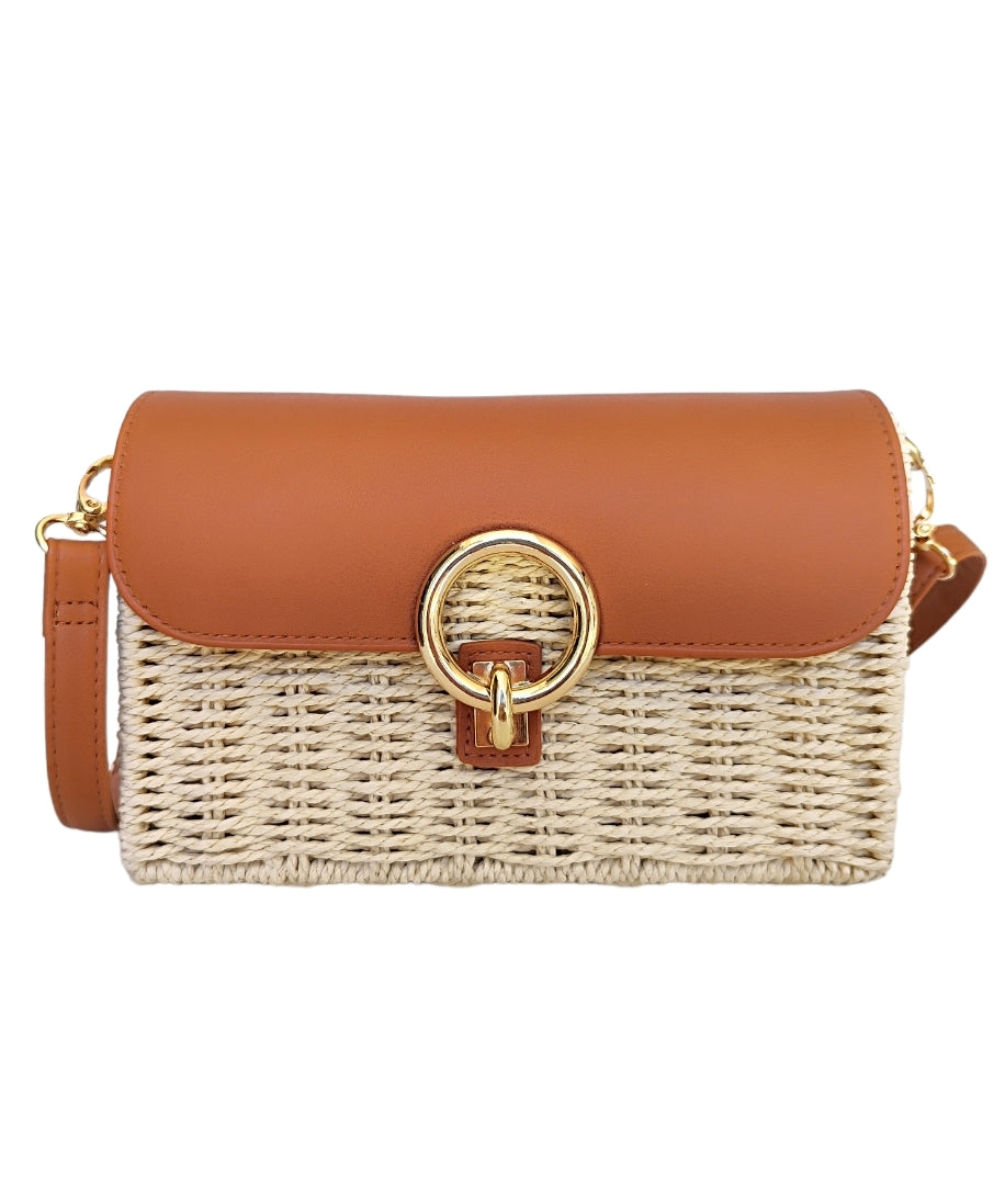 Γυναικεία τσάντα ψάθινη με μακρύ λουράκι σε μπεζ χρώμα SSB11