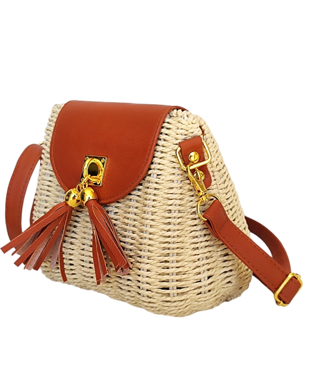 Γυναικεία οβάλ τσάντα ψάθινη με μακρύ λουράκι σε μπεζ χρώμα SSB12