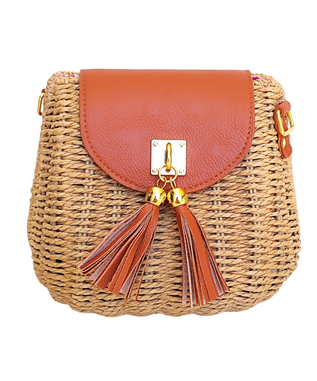 Γυναικεία οβάλ τσάντα ψάθινη με μακρύ λουράκι σε σκούρο μπεζ χρώμα SSB12b