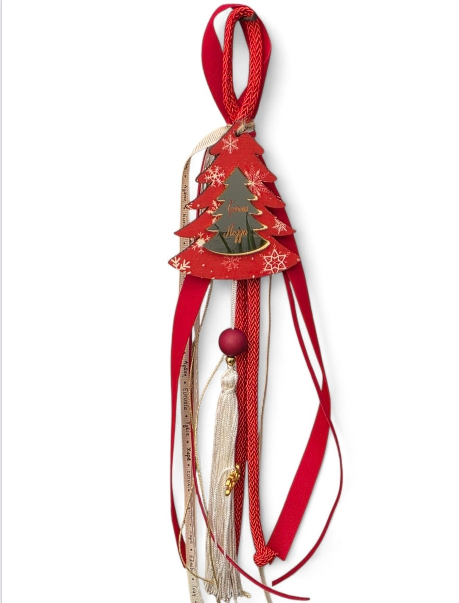 Χειροποίητο κρεμαστό γούρι κόκκινο δέντρο με καθρέφτη "χρονιά πολλά" SSG36r