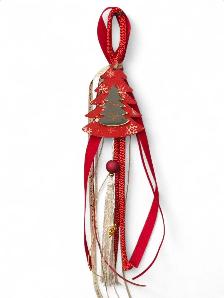 Χειροποίητο κρεμαστό γούρι κόκκινο δέντρο με καθρέφτη "χρονιά πολλά" SSG36r