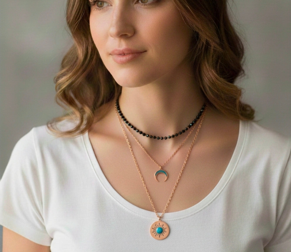 Κολιέ τριπλό με χάντρες από ανοξείδωτο ατσάλι σε χρώμα μαύρο χρυσό SSN72