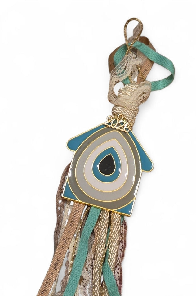 Χειροποίητο κρεμαστό γούρι σπίτι με μάτι σε χρώμα βεραμαν SSG87v